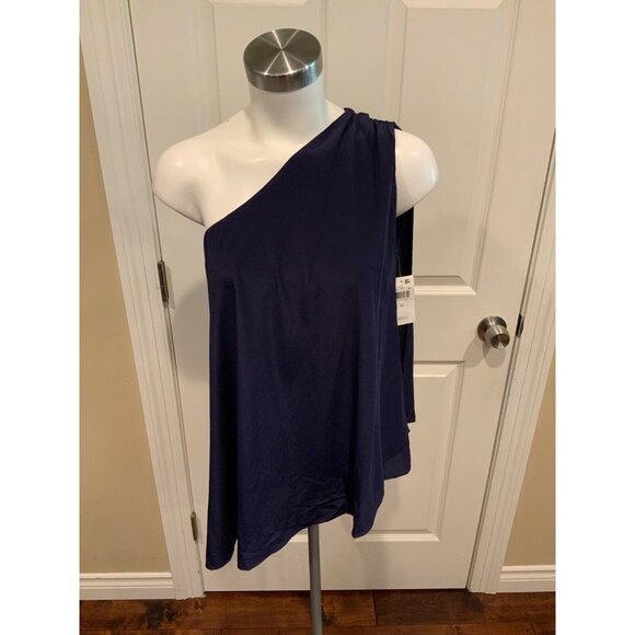 Trina Turk Navy Blue 100% Silk One Shoulder Shirt, Size XS, New With Tag!! - Picture 1 of 6